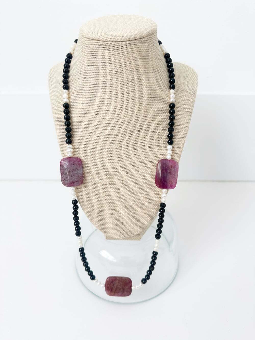 NWT Genuine Ruby Zoisite, Black Onyx & Pearls Necklace Purple White Beaded